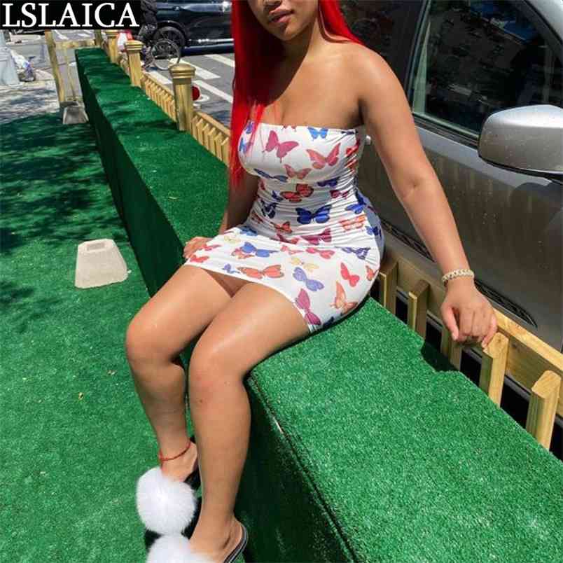 Summer Dress For Women Strapless Sexy Fashion Butterfly High Waist Hollow Out Mini Party Clubwear Bodycon 210515