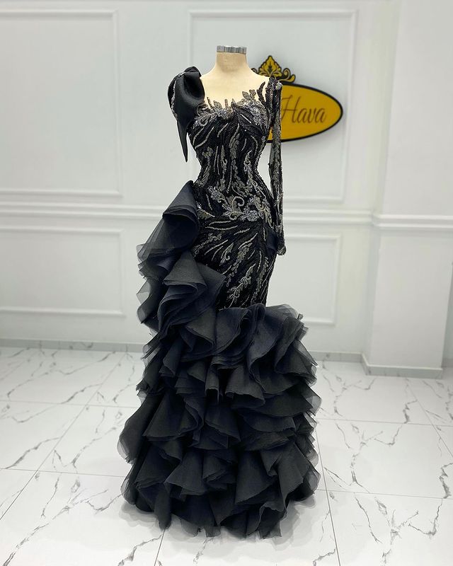 Aso Ebi Lace Mermaid Evening Dresses: Black urious Prom & Party Gowns ZJ440