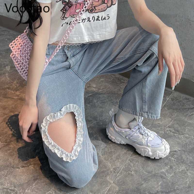 Sweet High Waist Denim Pants Women Chic Love Heart Ruffles Hollow Out Wide Leg Jeans Female Streetwear Straight Trousers 211115