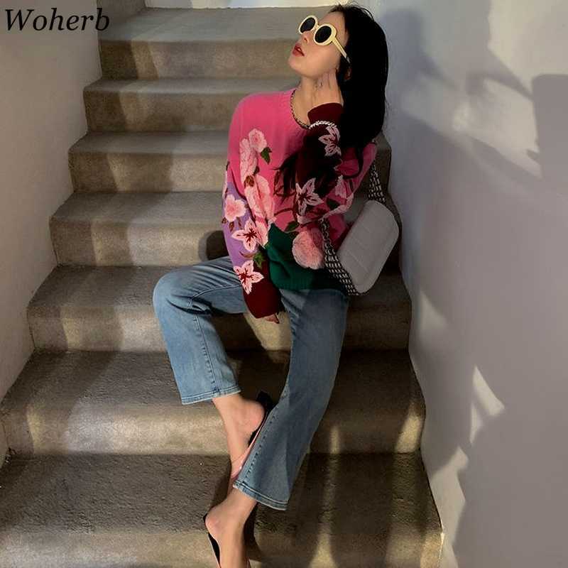 Woherb Flower Embroidery Sweaters Sweet Cute Korean Fashion Clothing Women Pullover Knitwear Autumn O-neck Vintage Jumper Tops 211014