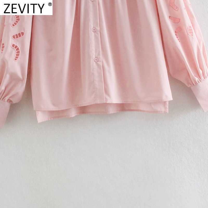 Zevity Women Sweet Agaric Lace Hollow Out Embroidery Casual Pink Blouse Femme Long Sleeve Ruffles Roupas Chic Blusas Tops LS9213 210603