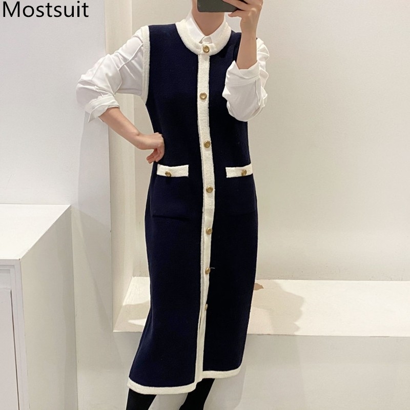 Korean Elegant Vintage Knitted Long Vest Women Single-breasted O-neck Coat Fashion Ladies Color-blocked Femme 210518, Dark blue
Korean Elegant Vintage Knitted Long Vest Women Single-breasted O-neck Coat Fashion Ladies Color-blocked Femme 210518, Dark blue