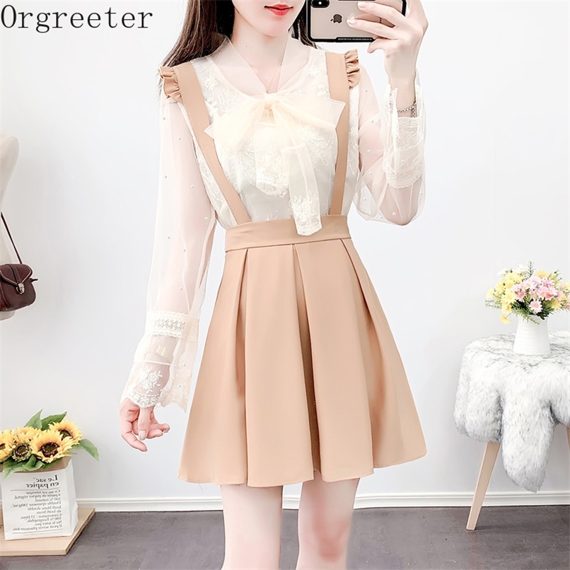 Spring Preppy Style Suspender Skirt 2 Piece set Women Bow Flare sleeve Lace Shirt and Strap Suits Student Outfits 210602, Khaki
Spring Preppy Style Suspender Skirt 2 Piece set Women Bow Flare sleeve Lace Shirt and Strap Suits Student Outfits 210602, Khaki