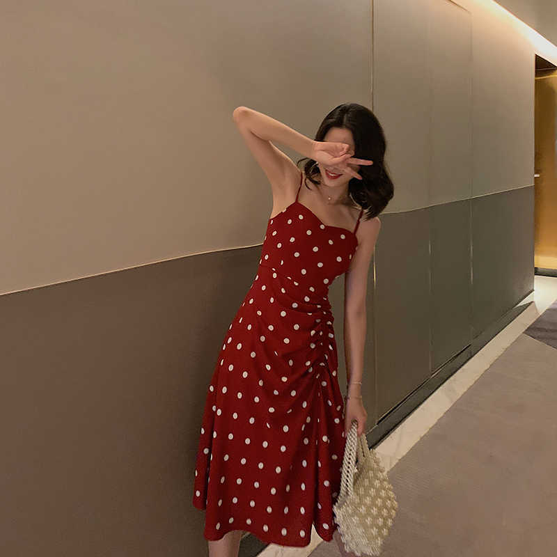 Summer Vintage Floral Red Polka Dot Print Dress Fold Irregular Strap A-line Dresses Boho Holiday Beach Sundress Vestidos 210608