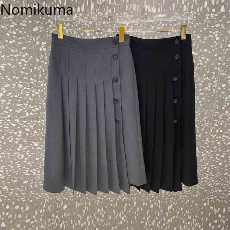 Nomikuma Women Pleated Skirt Spring Summer Buttons High Waisted Skirts Korean Causal A-line Elegant Faldas De Mujer 6H358 210427