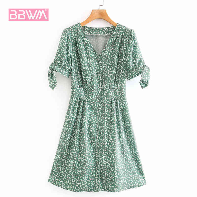 Women's Summer Dresses with Short Bow Ties and V-neck Female Small Fresh Fashion Chiffon Floral Slim Dress with Elastic Waist 210507