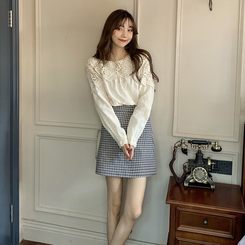 Plus Size Spring Lace Women Blouse O Neck Crochet Hollow Stitching Shirt Korean Style Apricot Gentle Long Sleeve Tops 13354 210427