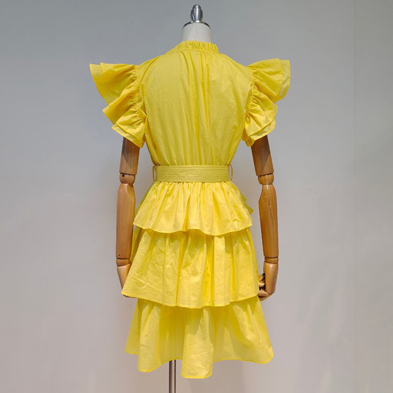 VGH White Casual Dress For Women Stand Collar Short Sleeve High Waist Lace Up Bowknot Patchwork Ruffle Mini Dresses Female 210421