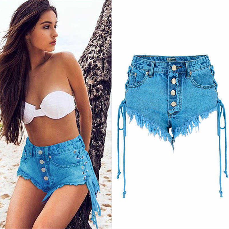 LOGAMI Highwaisted Mini Jeans Shorts Women Both Side Tie Short Sexy Denim 210714