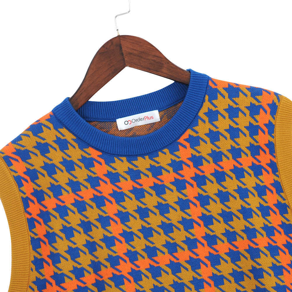 Vintage Argyle Women Sweater Vest Splice Color Plaid Sleeveless Round Neck Autumn Winter Female Knitted Vest Blue 210702