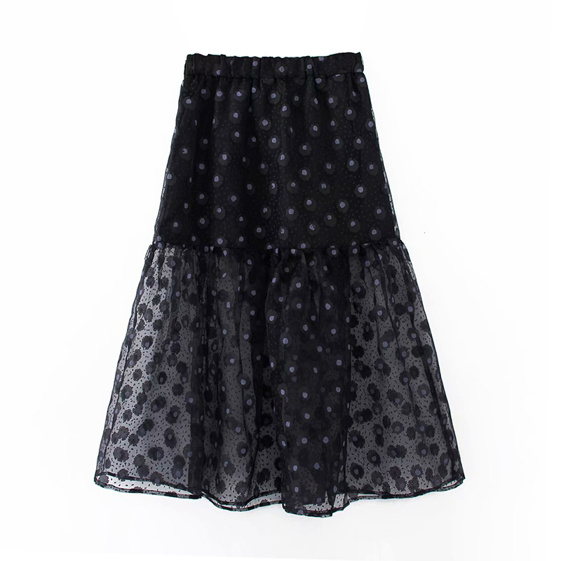 Women Floral Print Sexy Mesh Organza Skirt Ladies High Waist Transparent Chic Ruffle Midi Skirts Faldas Mujer 210508