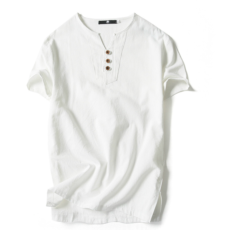 Men T Shirt Summer Cotton Tshirts Casual Short Sleeve Chinese Style Vintage V Neck Tees Plus Size Oversize Black White Tops 220309