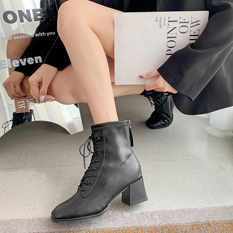 Boots Female British Style 2021 Spring And Autumn Single Square Toe Thick Heel Net Red Thin High Heels Short
