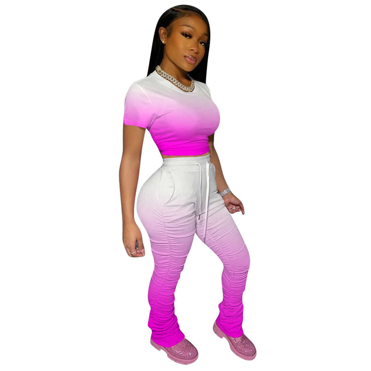 Summer Ladies Joggers Sweatpants Sets Casual O-neck Short Sleeve Tops +Streetwear Pants Gradient Female Two Piece Plus Size 210604