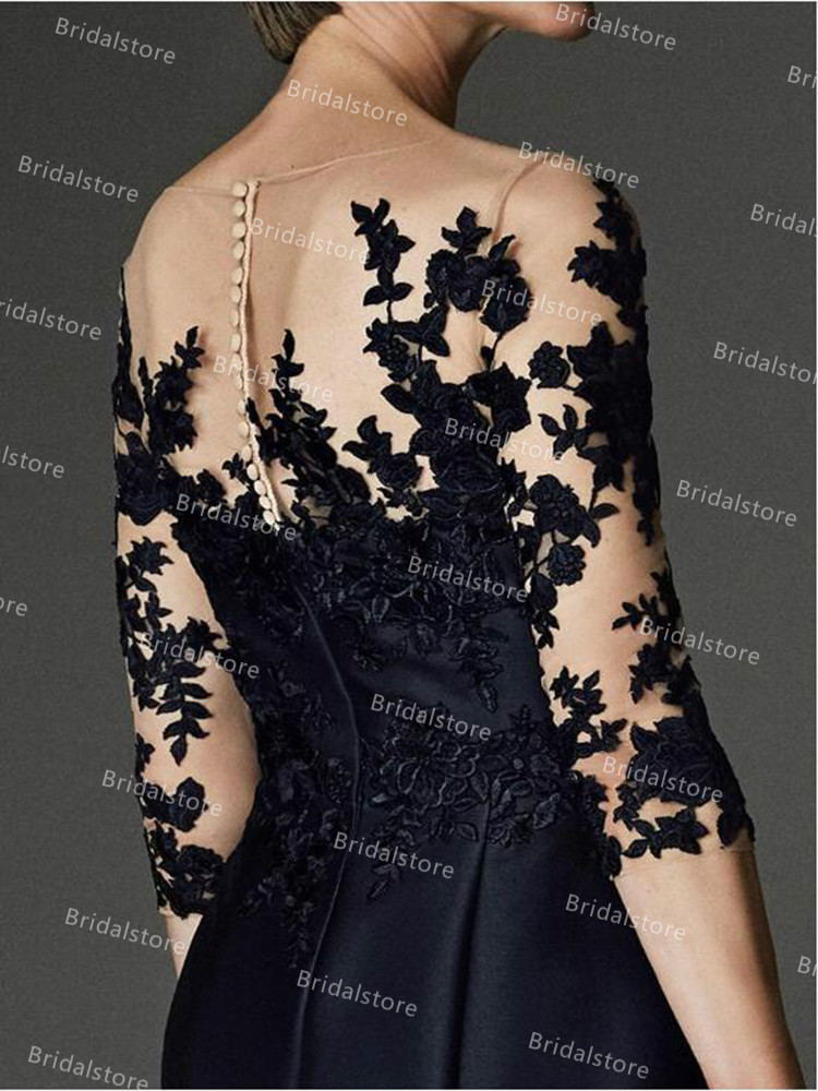 Elegant Black Plus Size Mother Of The Bride Dresses With Sleeves Sheer Neck Lace Knee Length Satin Wedding Guest Party Dress Groom Mom Formal Wear Ski