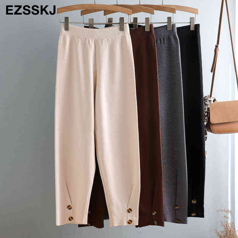 Women Elastic Waist BUTTON Trousers Thick Knitted Harem Pants Autumn Winter Sport pants sweater Carrot 211124
