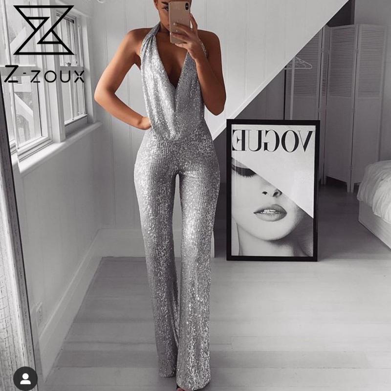 Women Jumpsuit Silver Sequined Sleeveless Straight Rompers Womens V Neck High Waist Loose Long Sexy s 210513