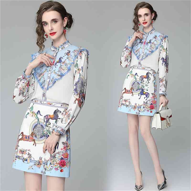 Runway Summer Elegant Two Piece Set Women Sweet Ruffles Stand Collar Animal Print Shirt Top + High Waist OL Bodycon Skirts Suit 210519