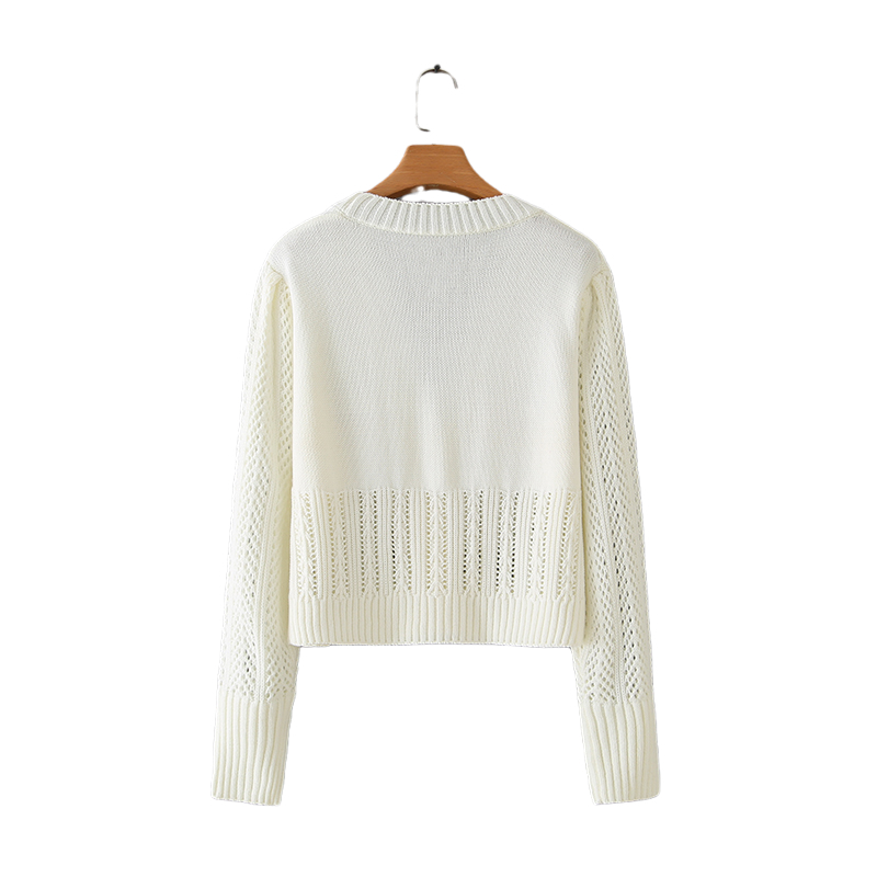 V-neck Single-breasted Cutout Long Sleeve Vintage Flower Embroidery Knitting Chic Women's Sweater Beige Simple Female Sweater 210507