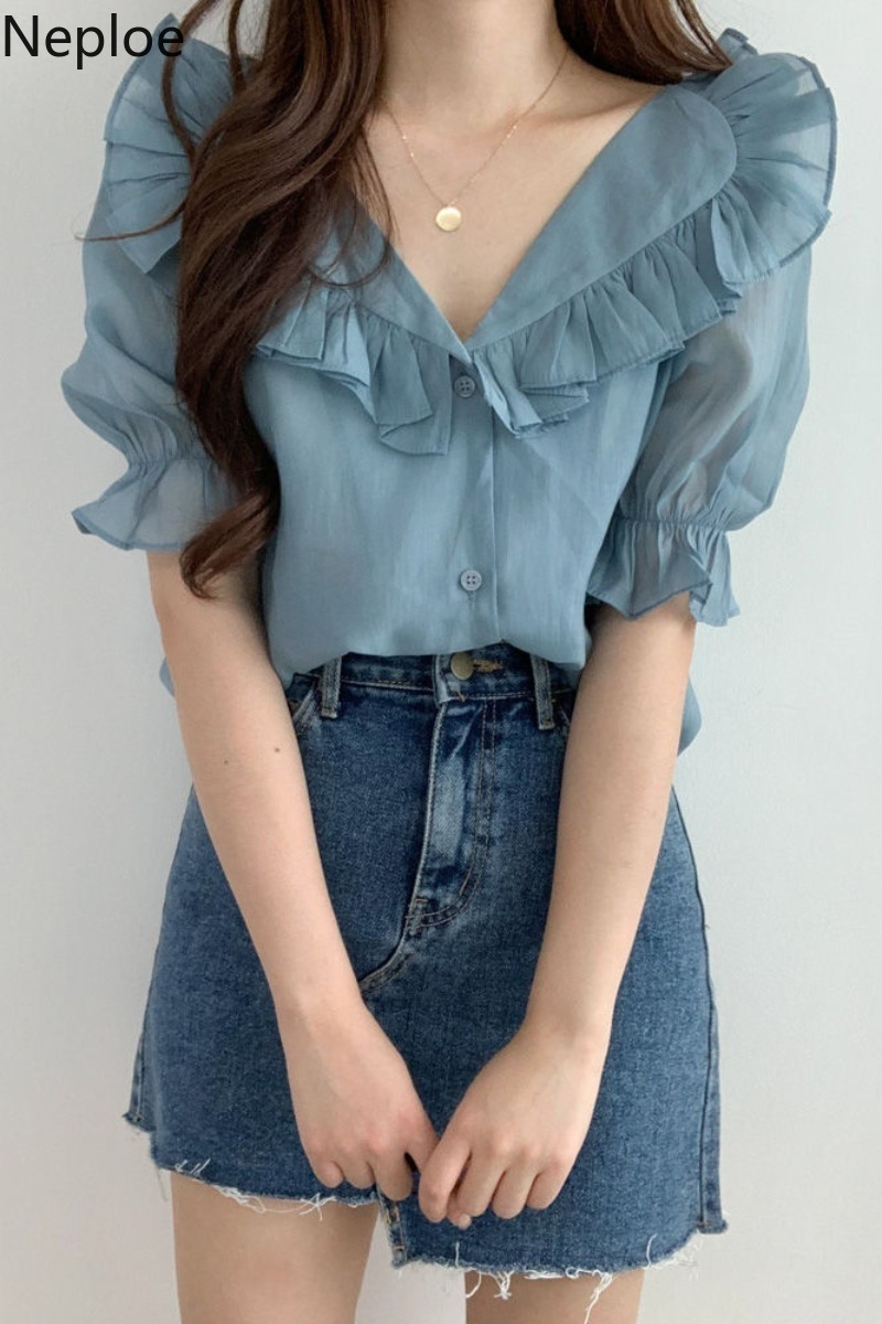 Neploe Korean Summer Shirts Chic Ruffles Elegant Blouses Women Clothes Sweet Puff Lseeve Chiffon Tops Blusas Mujer De Moda 210422