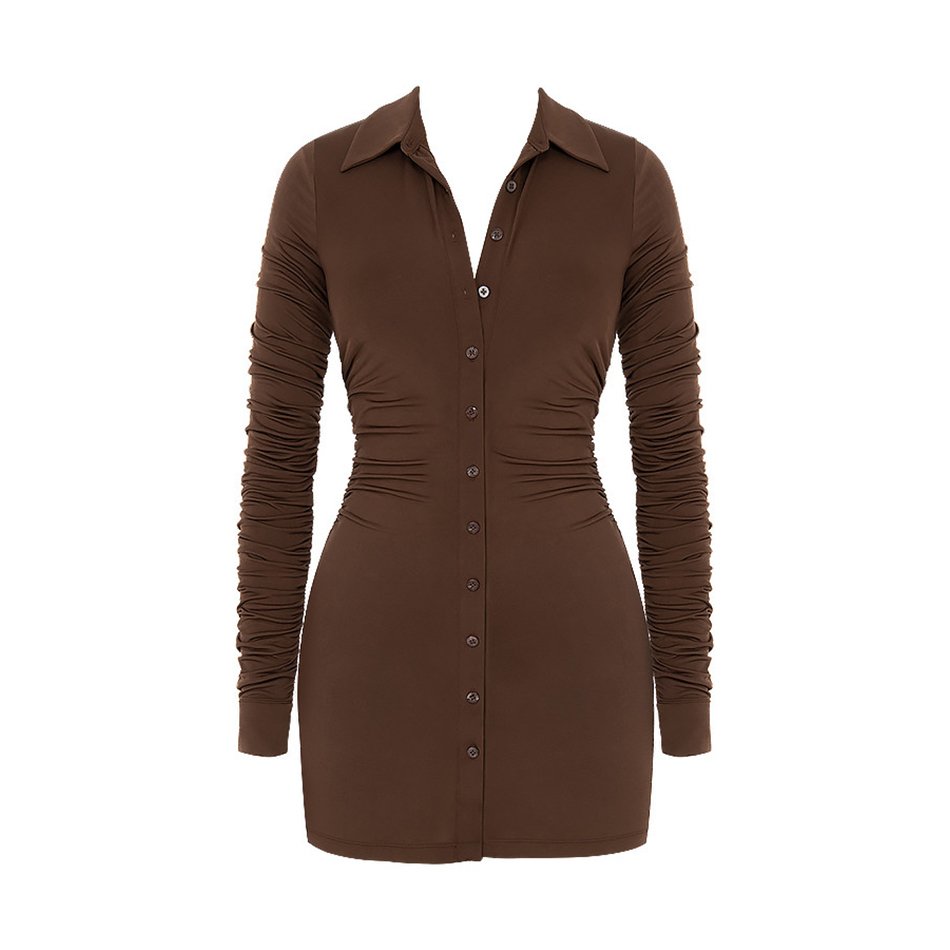 Ladies Brown Shirt Dress Mini Ruffled Stretch Single Breasted Fashion Long Sleeve Summer Women Sexy Party 210525