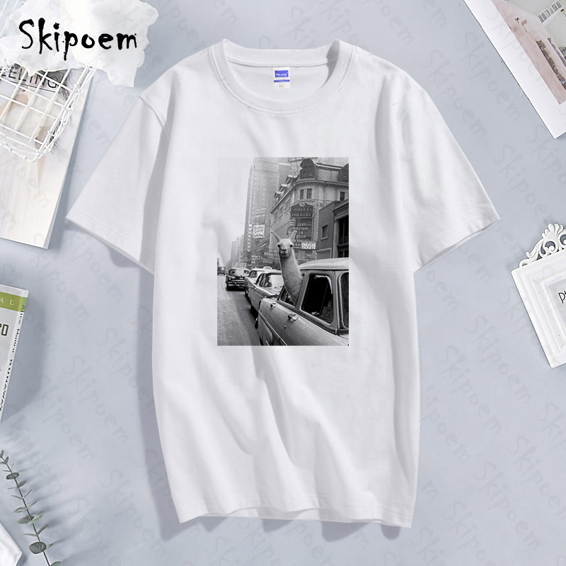 Fashion Short Sleeve TShirt Llama In A Taxi On Times Square Printed 100% Cotton Top Tees Casual O Neck T-Shirt Unisex TShirt 210406