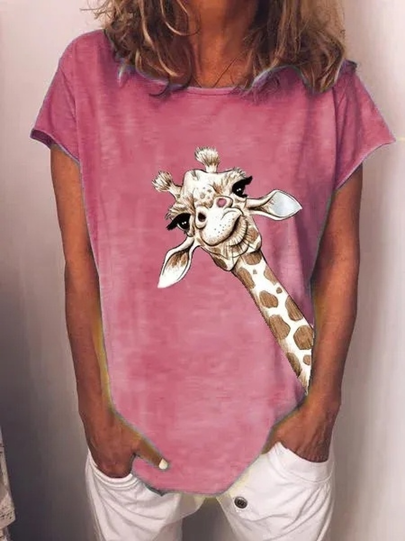 Summer Shirt Women Fashion Comfy Cute Giraffe Print Short Sleeve Round Neck T-Shirt Casual Streetwear Oversize Female Top Shirts 210406