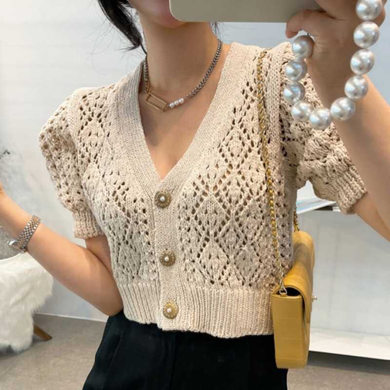 Korean Hollow-out Short Knitwear Sexy Slim Puff Sleeve V-neck Knitted Cardigan Summer Women Jumpers 6J022 210603
