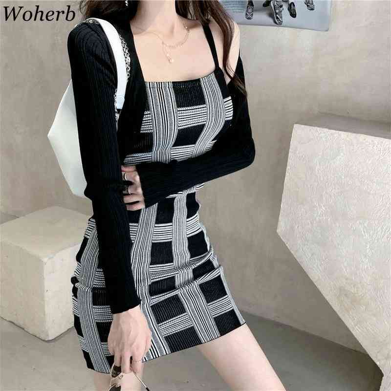 Summer Knitted Two Piece Set Women Solid Cardigan Crop Top + Plaid Spaghetti Strap Bodycon Sweater Dress 2 Suits 210519