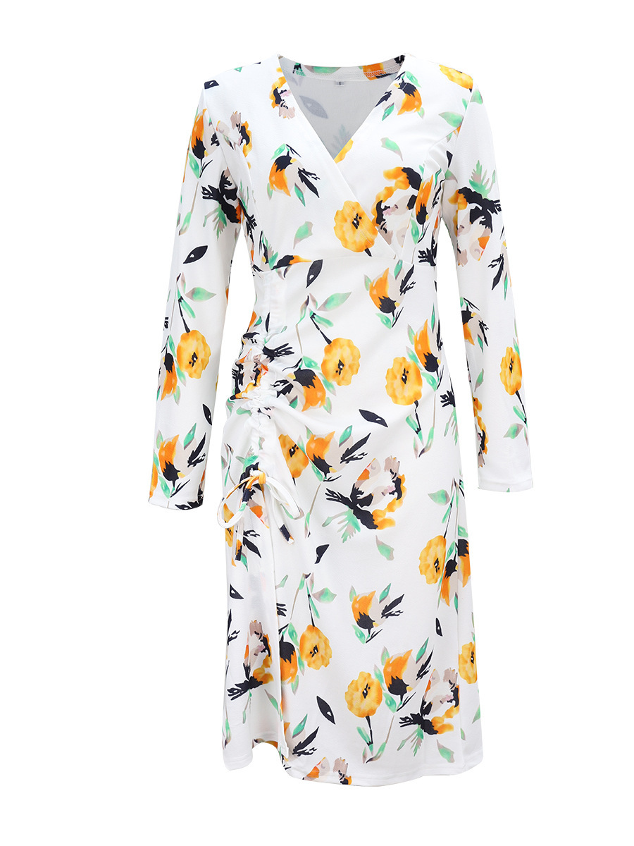 Women Dress V-neck Long Sleeve Drawstring Printing Dresses Plus Size Vintage Sexy 210513