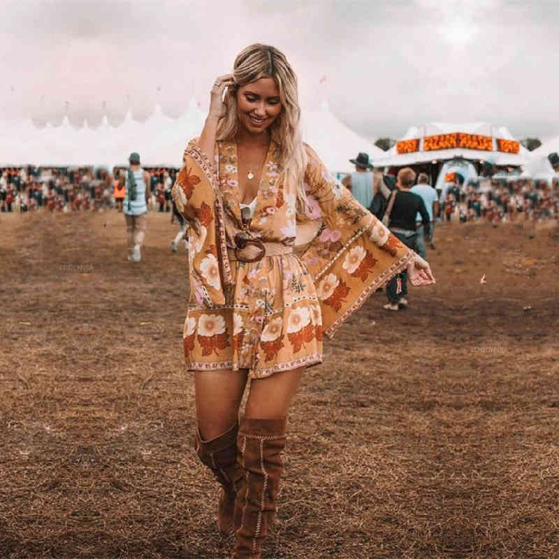 Boho Printed Bikini Cover-ups Long Kimono Self Belted Summer Beach Dress Cotton Tunic Women Wear Swim Suit Cover Up A559 210420