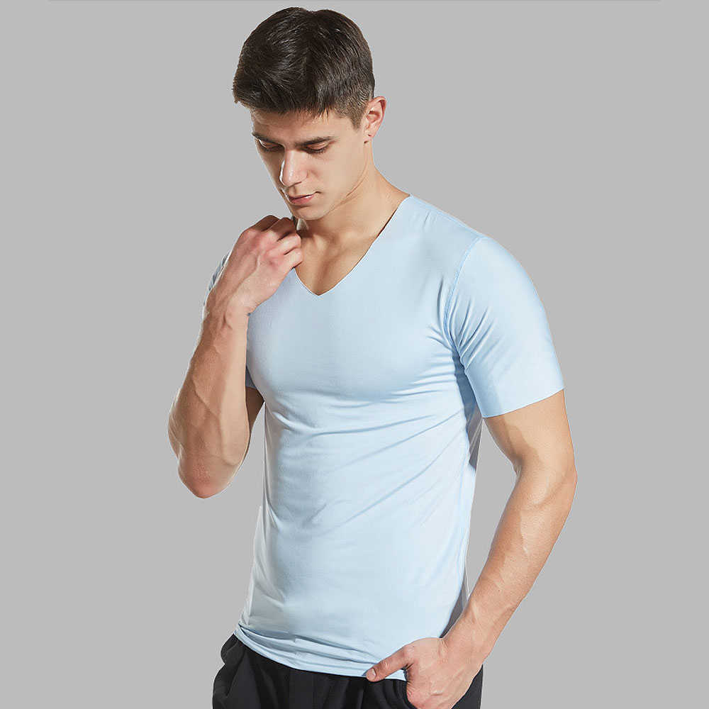 2pcs/lot Men Summer Tops & Tees Ice Silk Quick Dry Slim T-shirt Seamless Breathable Top Fashion V Neck Solid Color 210707