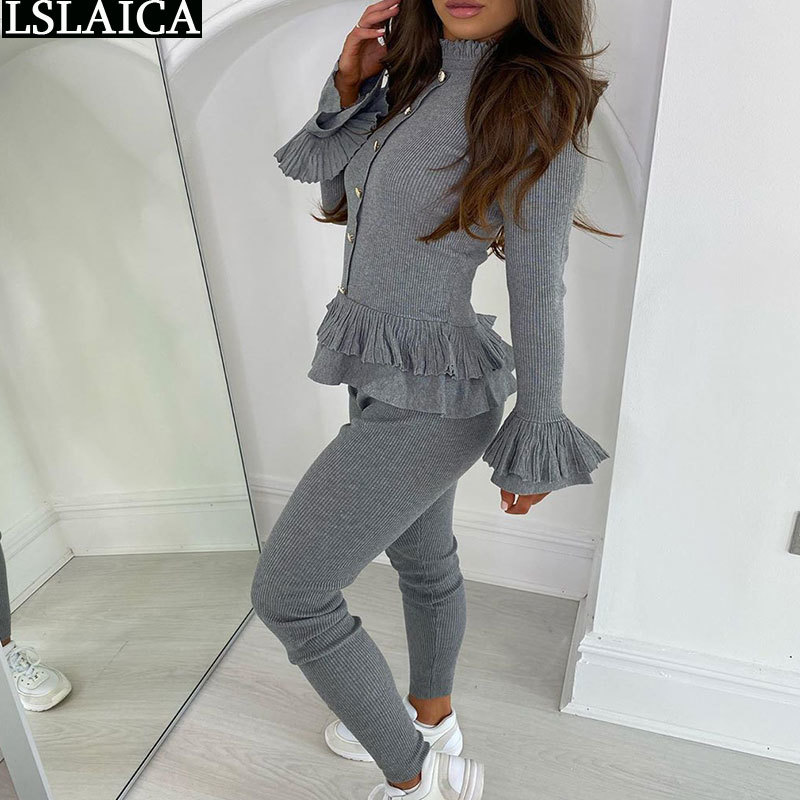 2 Piece Set Women Lounge Wear Casual Ruffles Long Sleeve Turtleneck Tops Pencil Pants Sets Autumn Slim Solid Fashion Outfits 210520