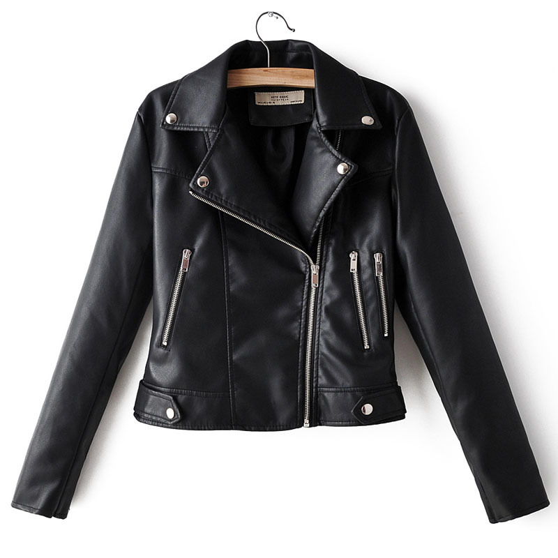 PU Beige Long-sleeved Lapel Simple Basic Locomotive Women's Jacket Autumn Slim Zipper Chic Female Coat Red Black Top 210507