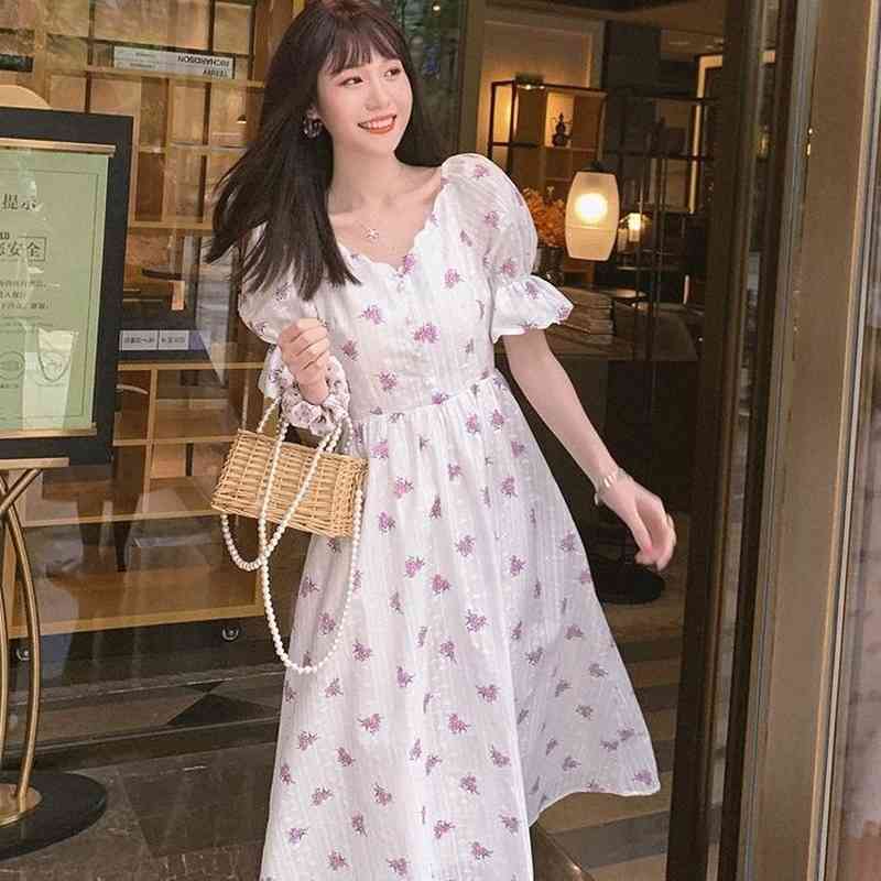 Summer Sweet Elegant Dress Women Short Sleeve Chiffon Floral Dress Party Beach Casual Dress Kawaii Korean Style Office Lady 210521