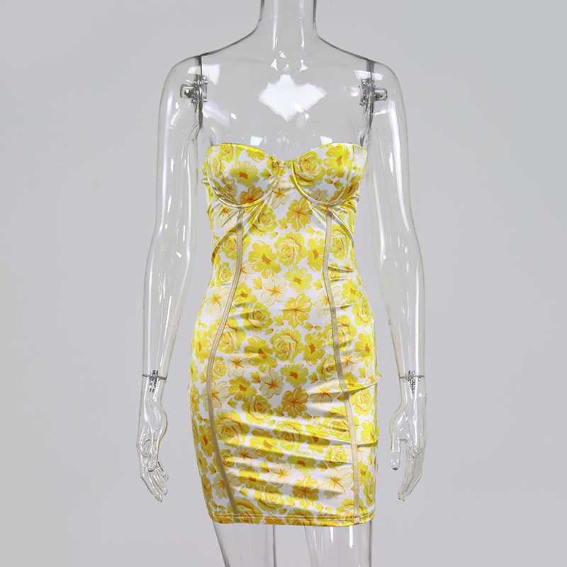 Colysmo Strapless Party Dresses Women Push Up Padded Floral Print Satin Summer Sexy Bodycon Mini Yellow Purpe 210527