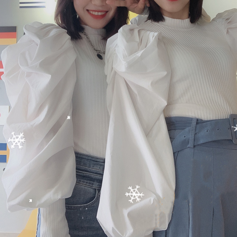 O Neck Chic Puff Long Sleeve Knit Patchwork Pullovers Spring Woman Tops Solid Elegant All-match Slim Fit Sweater 210519