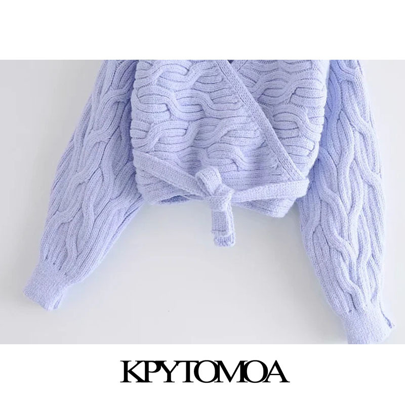 Women Fashion With Bow Tied Cropped Wrap Cable-knit Cardigan Sweater Long Sleeve Female Outerwear Chic Top 210420