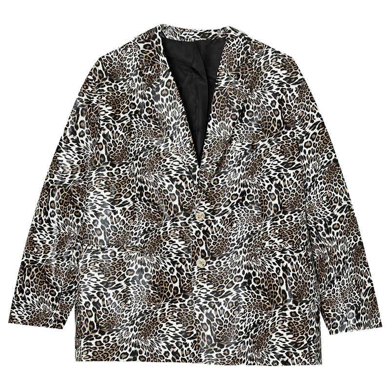 IEFB Men's Clothing Trend Leopard Print PU Leather Casual Jacket Vintage Noched Collar Long Sleeve Suit Coat 9Y7305 210524