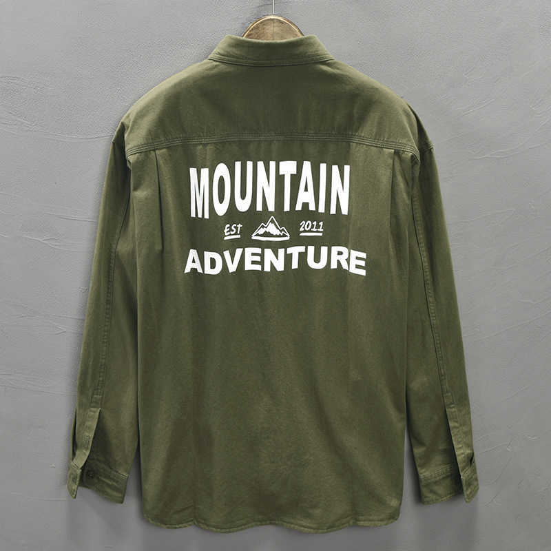 Letter Printed Long Sleeve Shirt for Men Pure Cotton Turn-down Collar Tops Male Casual Safari Style Loose Button Up Clothing 210601