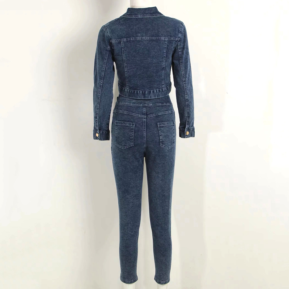 High Waist Button Denim Overalls 2 Piece Jumpsuit Female Long Sleeve V-Neck Sexy Celebrity Club 210525