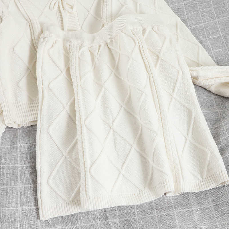 Korean Knitted Women 2pieces Sets Bow Tie Long Sleeve Sweater Coat + High Waist Mini Skirt Spring Suits 6E462 210603