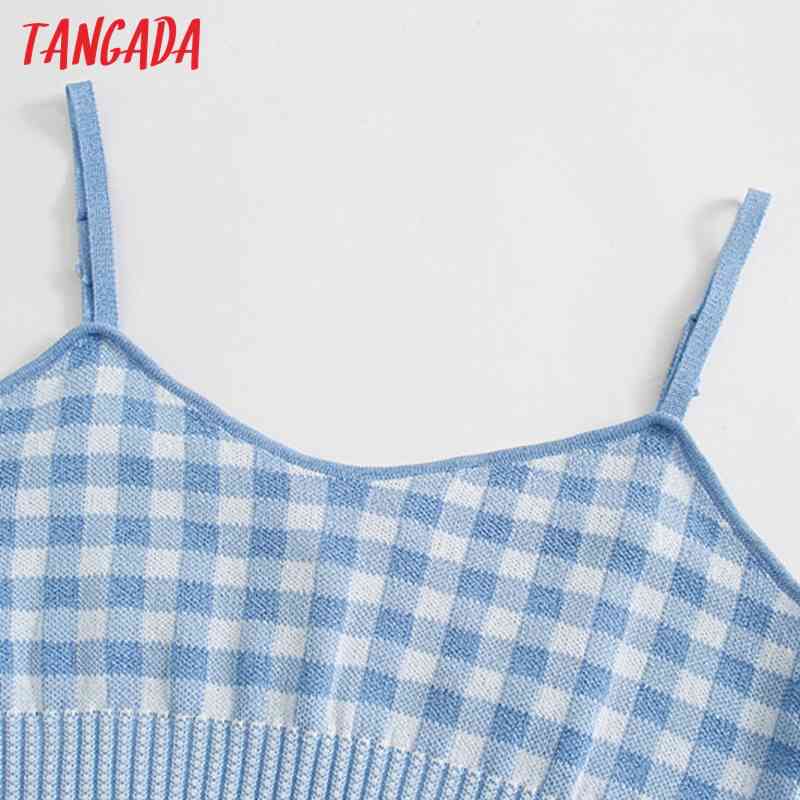 Women Blue Plaid Knitted Tank Top Sleeveless Backless Female Knit Tops 3N29 210416
