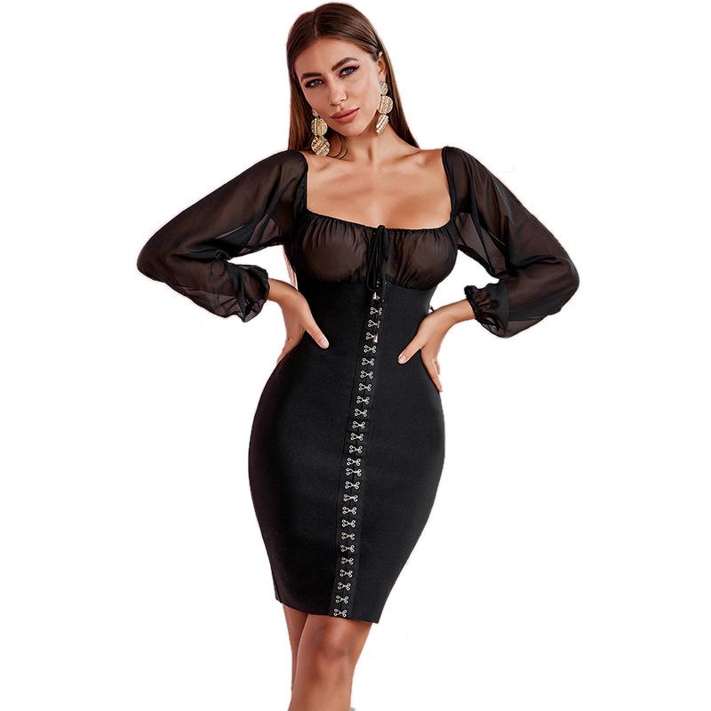 Autumn Bandage Dress Sexy Mesh See-through Long-sleeved Fashion Slim Knit Bag Hip Banquet Mini Casual Dresses