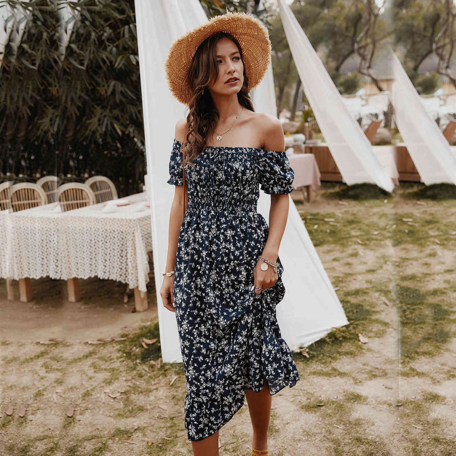 Loose Elegant Fashion Women long Dress Bohe short sleeve elastic bust pleated Long dresses summer beach dress 210524