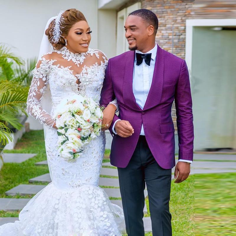 High Neck African Nigerian Mermaid Wedding Dresses 2022 Plus Size Lace Embroidery Beaded Long Sleeve Bridal Dress Robe Mariage