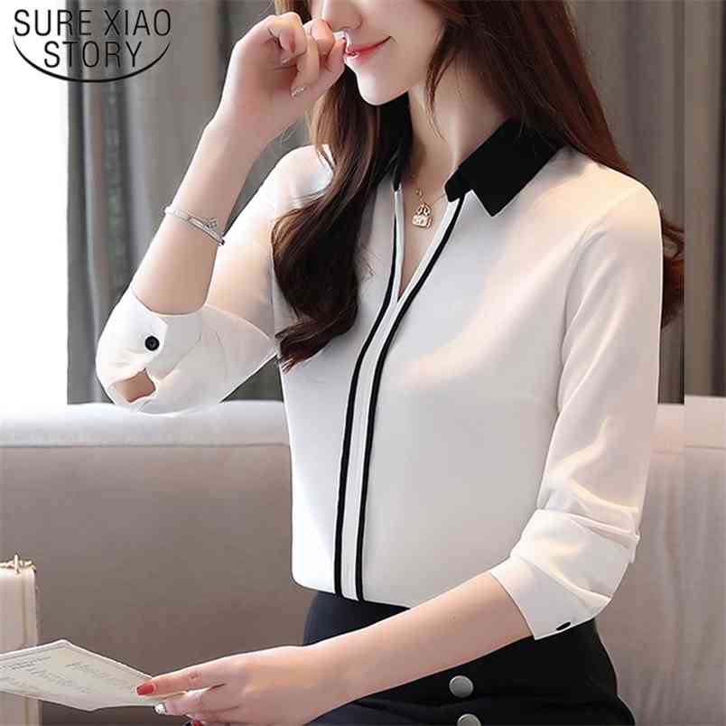 Autumn Long Sleeve Solid Blouse Women Casual V Neck Pullover Chiffon Shirt Office Lady Tops Chemisier Femme 7201 50 210506