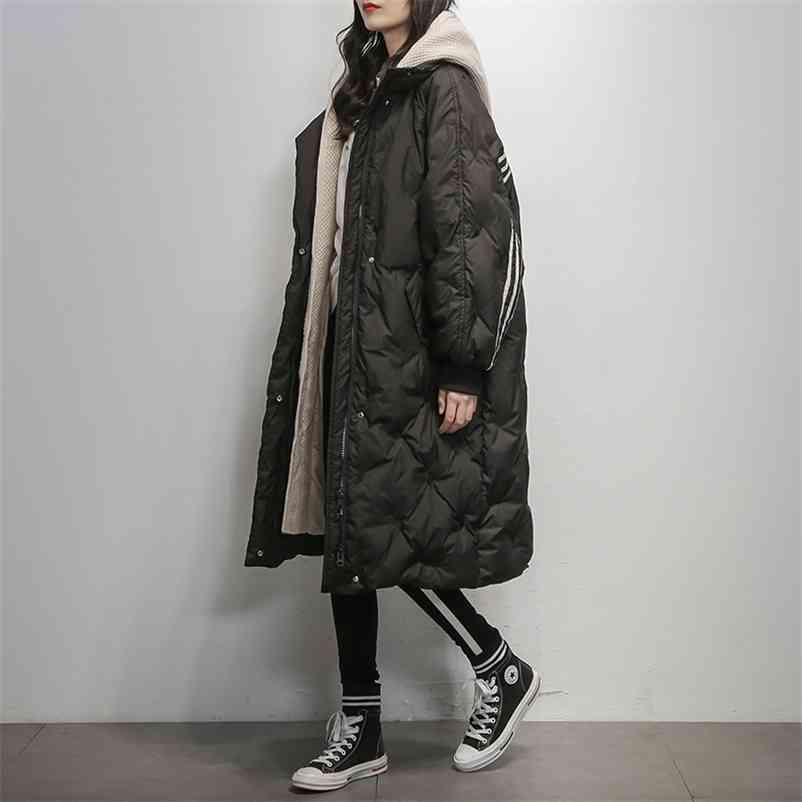 Black Hooded Warm Down Coat Women Long Jacket Winter Loose Jackets Female Overcoat Fashion Thick Parkas Lady Outwears 210510
