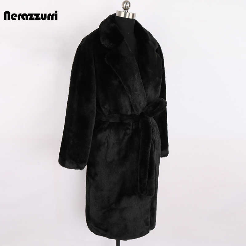 Nerazzurri Autumn Long Oversized Brown Soft Light Faux Fur Coat Women Long Sleeve Belt Casual Korean Fashion without Buttons 211019