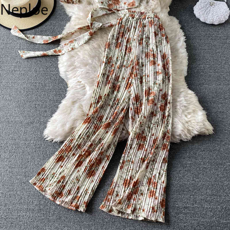 Neploe Summer Floral Suit Two Piece Outfits for Women V-neck Shirt Crop Tops Pleated Wide Leg Pnats Femme Roupas 2 Piece Set 210422